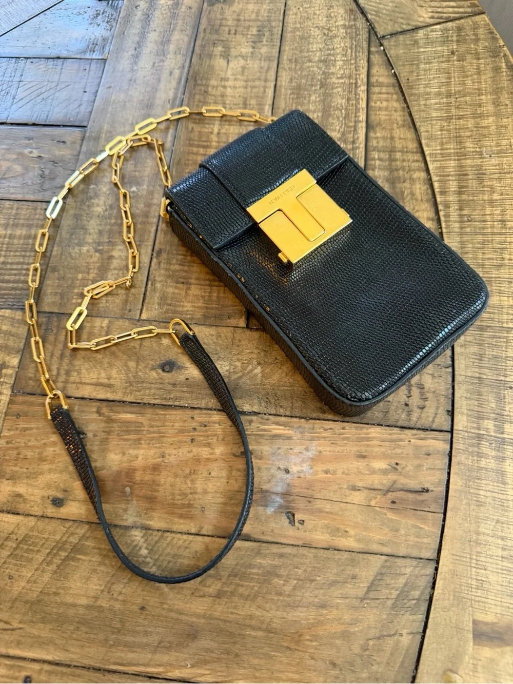 Tom Ford Black Textured Leather Phone Pouch with Gold Chain Strap